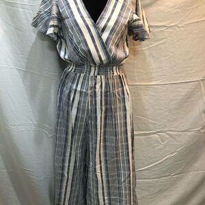 Blue and White Striped V-Neck Jumpsuit with Ruffled Sleeves